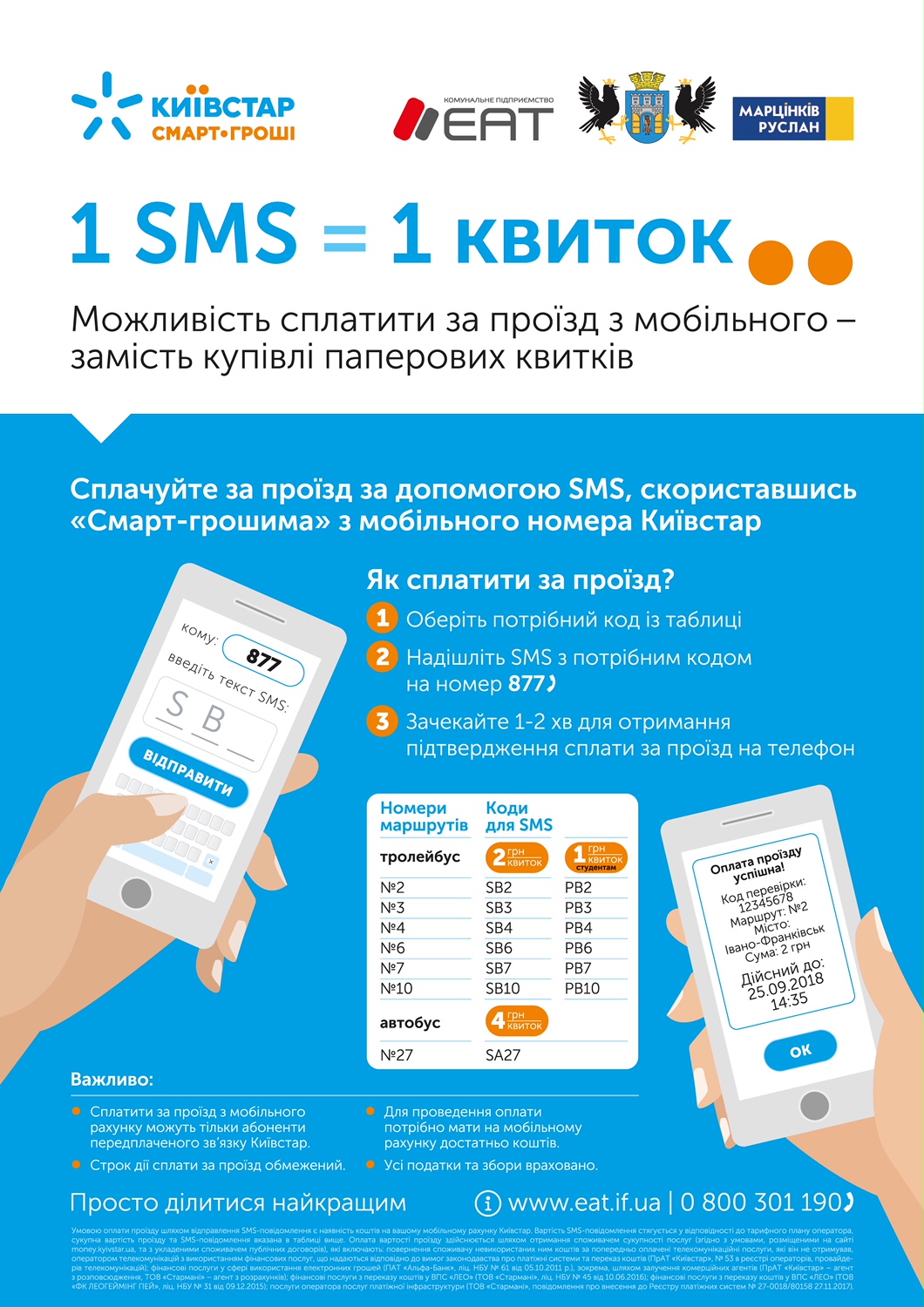 В Івано-Франківську вперше в Україні запущено сервіс SMS-оплат за проїзд у транспорті за допомогою послуги Смарт- Гроші від Київстар