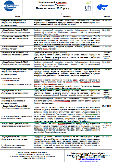 Національний комплекс Експоцентр України анонсує план виставок 2015 року